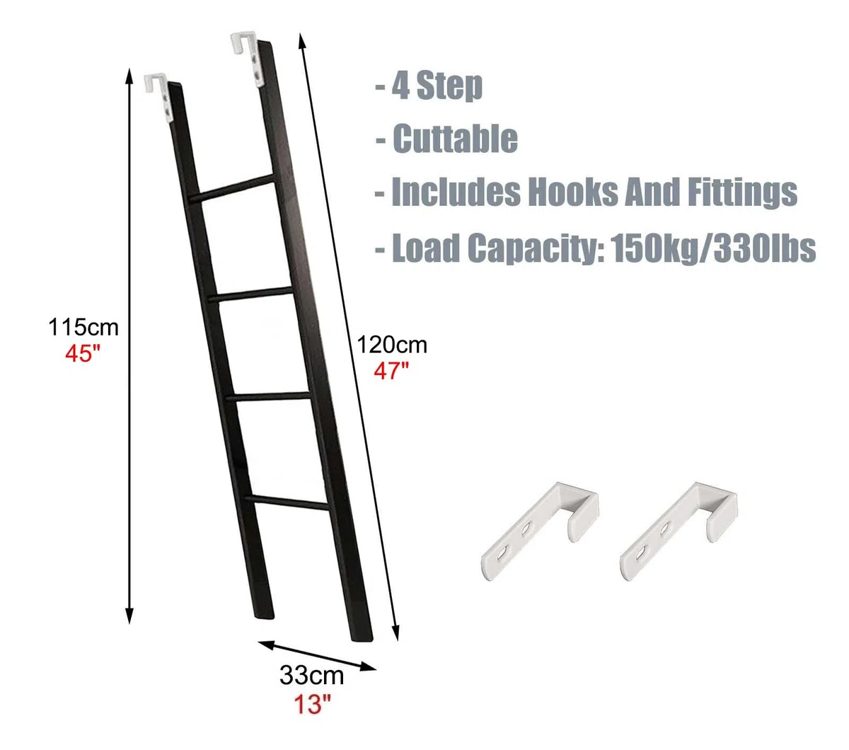Échelle en métal noir : design large et peu encombrant, hauteur réglable de 114 à 180 cm, idéale pour une chambre à coucher et une utilisation à la maison, maximum de sécurité et de sécurité
