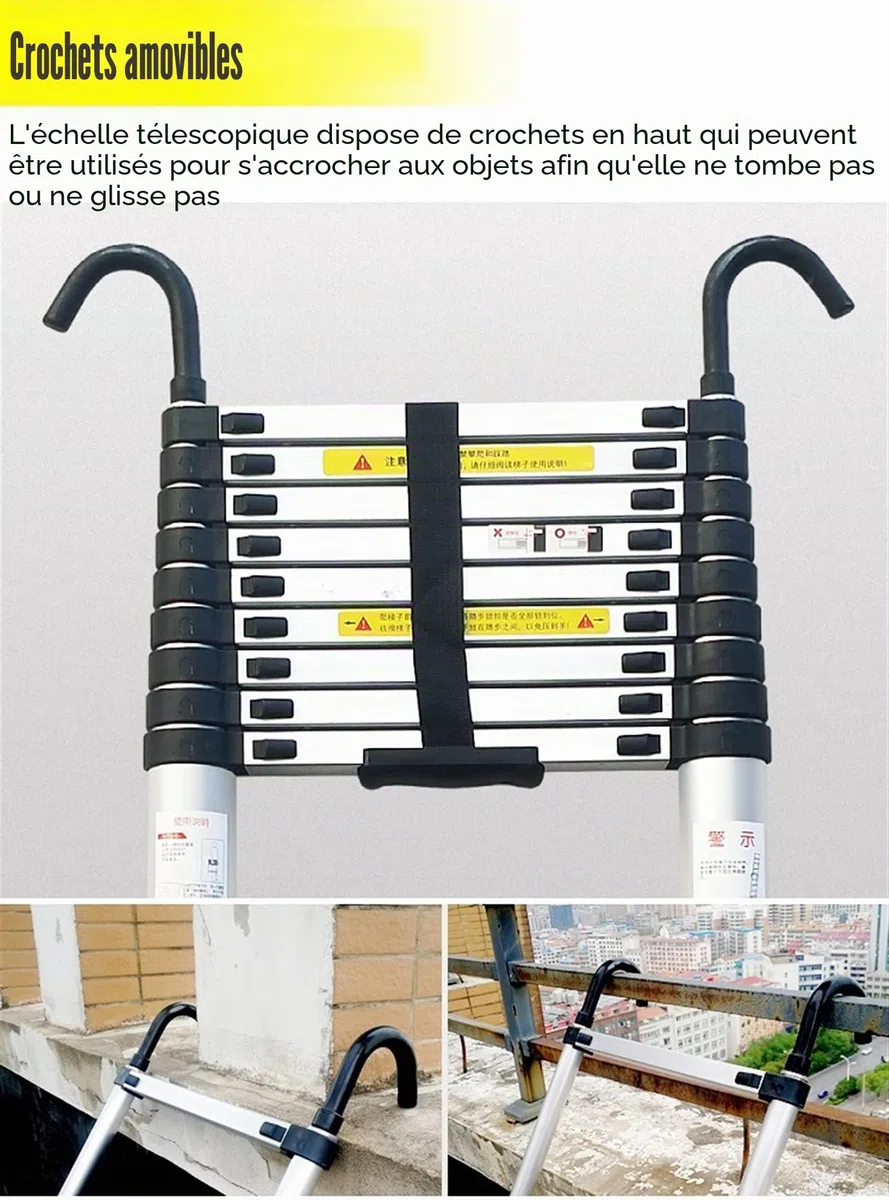 Échelle télescopique télescopique 8 m/ 7 m/ 6,2 m/ 5 m/ 4 m/ 3,8 m/ 2,6 m, échelles d'extension en Aluminium avec Crochet pour travaux de toiture, Usage Domestique, travaux extérie