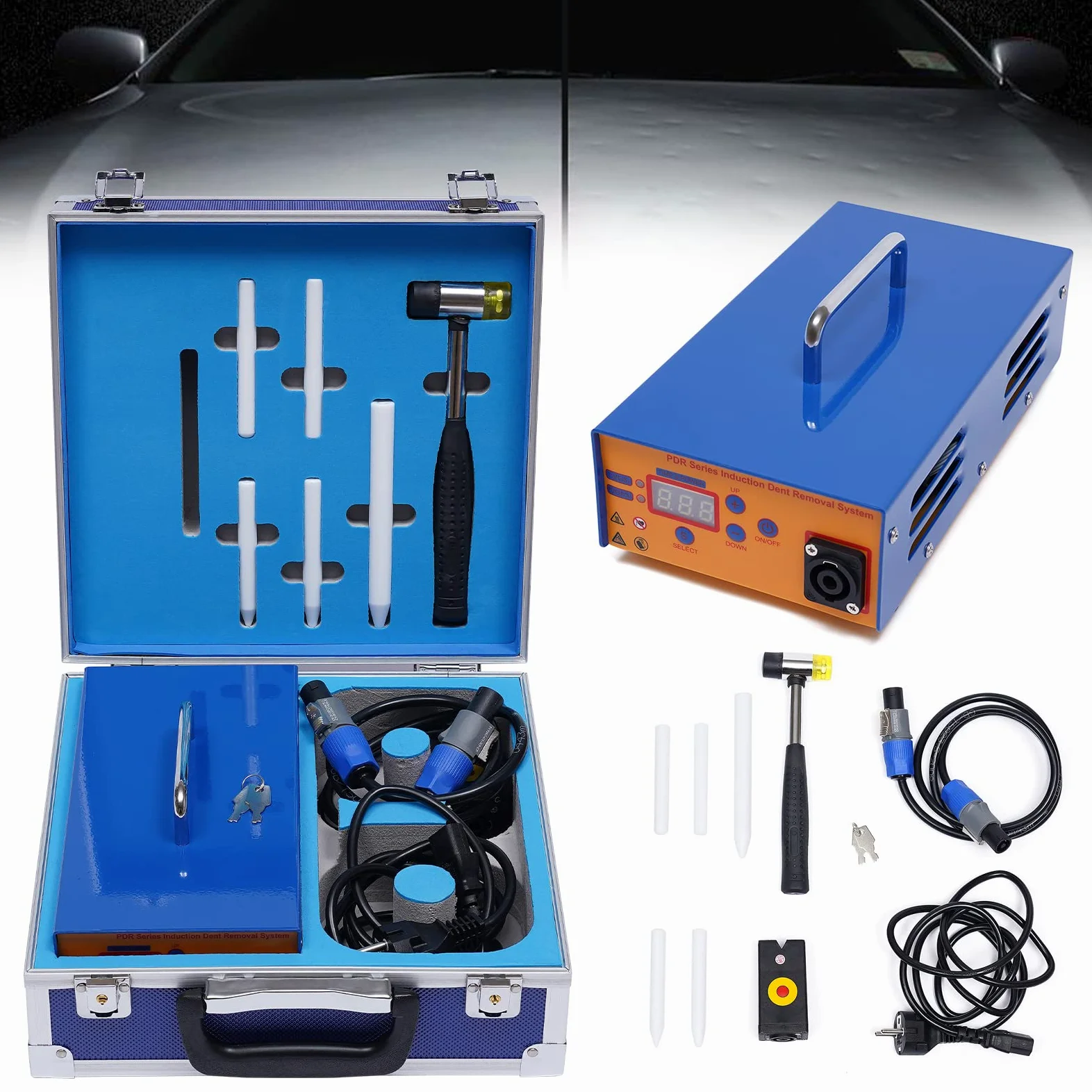 Outil de réparation de bosses électromagnétique professionnel 1380 W - Outil de levage de bosses réglable - Chauffage à induction - Outil de réparation sans flamme - Kit complet - Boîte à outils 220 V