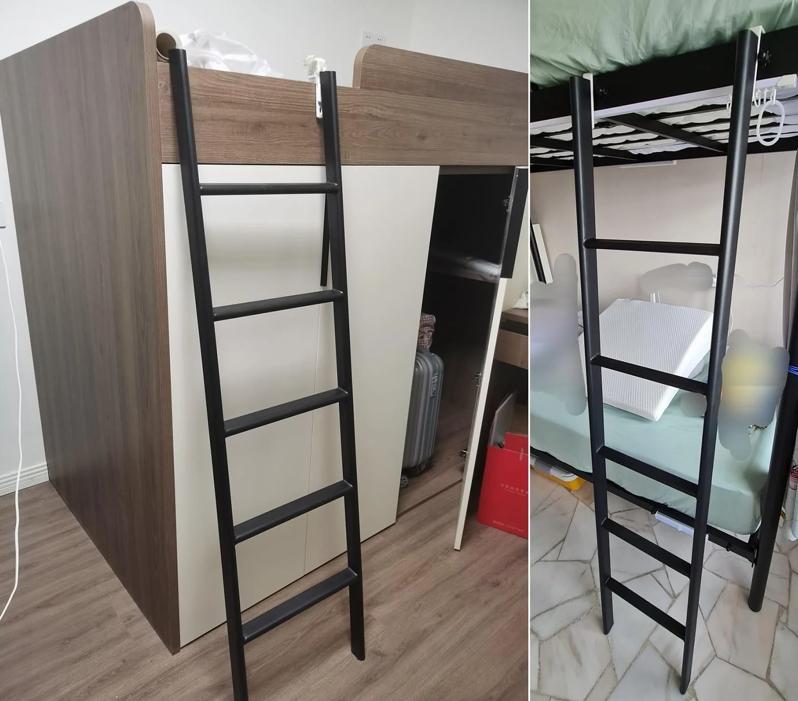 Échelle en métal noir : design large et peu encombrant, hauteur réglable de 114 à 180 cm, idéale pour une chambre à coucher et une utilisation à la maison, maximum de sécurité et de sécurité