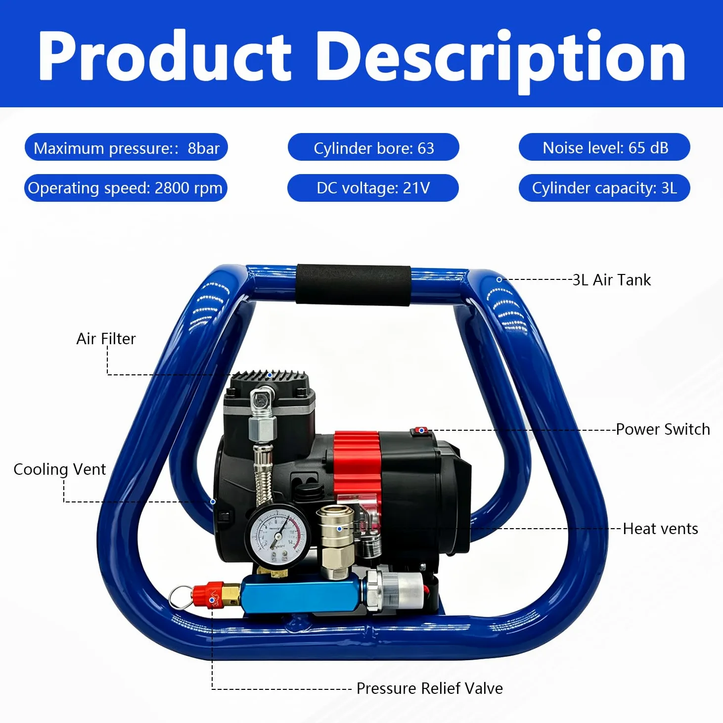 Compresseur D'air pour Makita Batterie, 3L 8 Bar Compresseur D'air électrique Portable Silencieux pour Remplissage des Pneus, Traitement de Voiture, Réparation Automobile, Nettoyage de Voiture