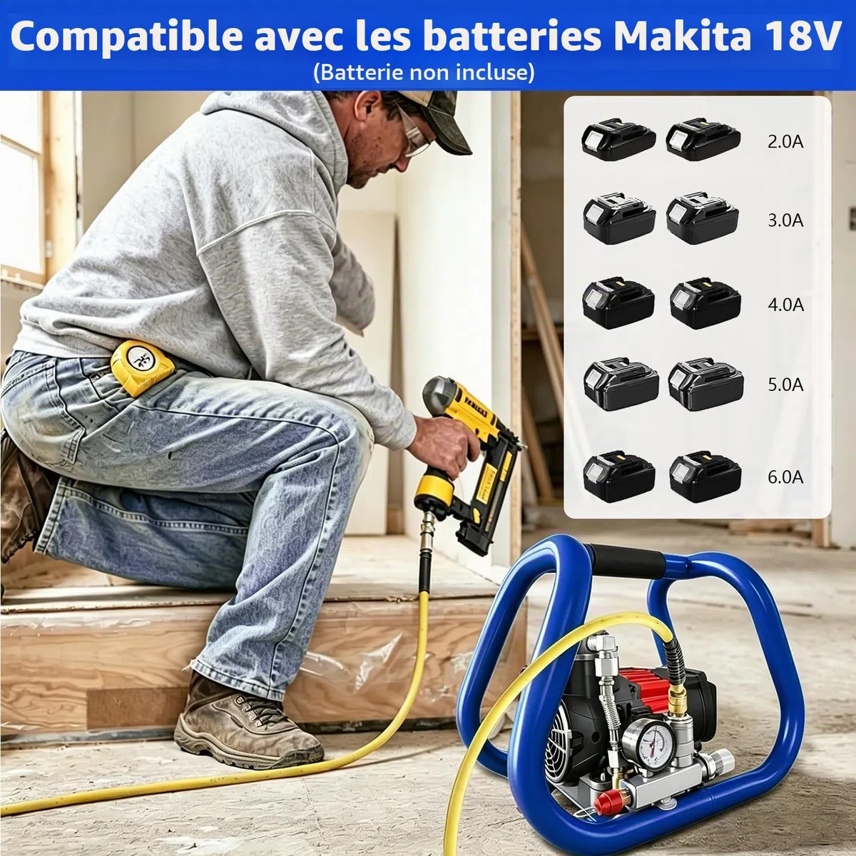 Compresseur D'air pour Makita Batterie, 3L 8 Bar Compresseur D'air électrique Portable Silencieux pour Remplissage des Pneus, Traitement de Voiture, Réparation Automobile, Nettoyage de Voiture