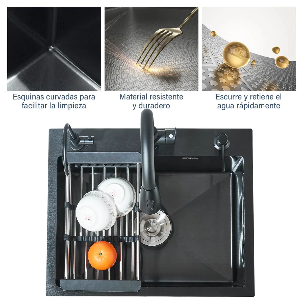 Évier de cuisine Evier Inox avec Egouttoir Noir