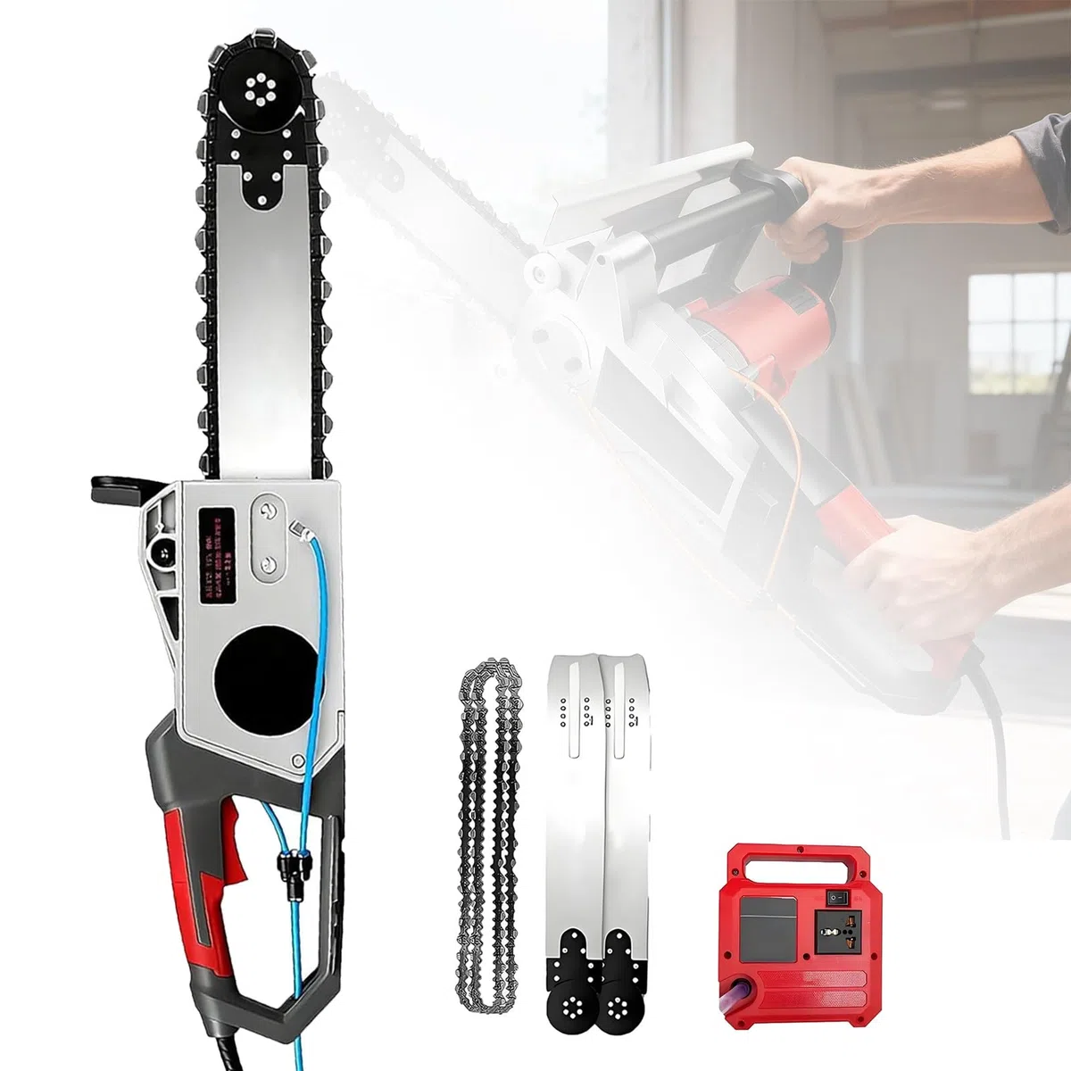 Machine à découper Le béton et la Pierre par entraînement par chaîne, rainureuse Murale sans poussière avec Double chaîne 35 cm/48 cm, Pompe à Eau, 2 chaînes et 2 Guides 5800W35cm