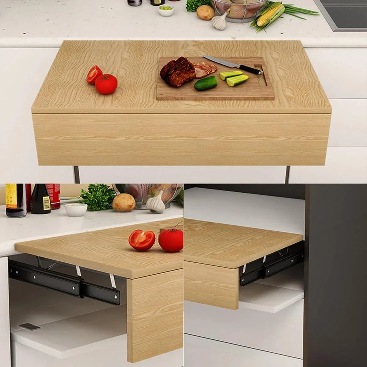 Tiroir Coulissant Cuisine pour Rallonge de Table Hausse-Chute, Glissiere pour Tiroir avec Amortisseur, Roulement a Bille Plateau Coulissant(32cm/12.6in)