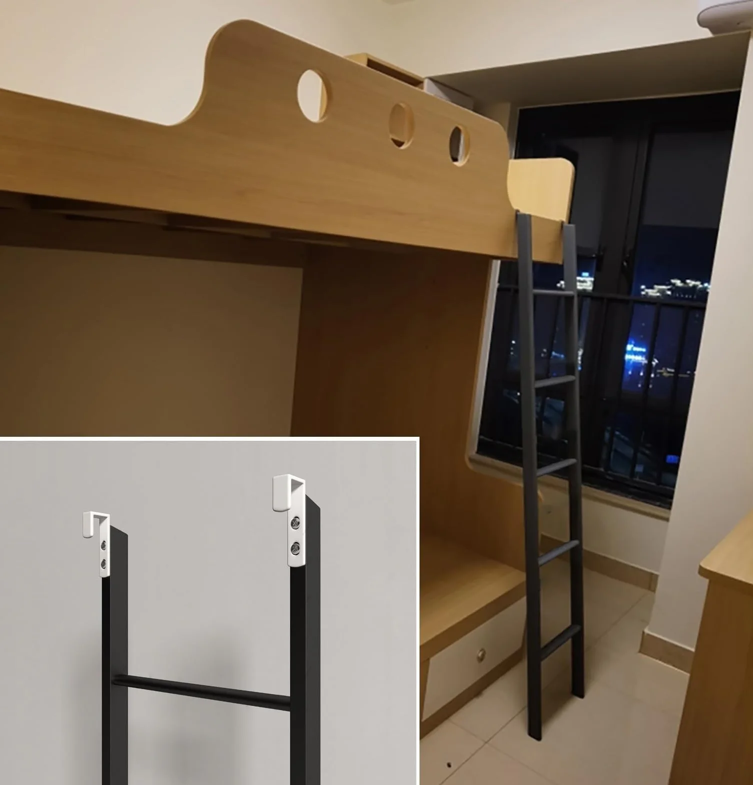 Échelle en métal noir : design large et peu encombrant, hauteur réglable de 114 à 180 cm, idéale pour une chambre à coucher et une utilisation à la maison, maximum de sécurité et de sécurité