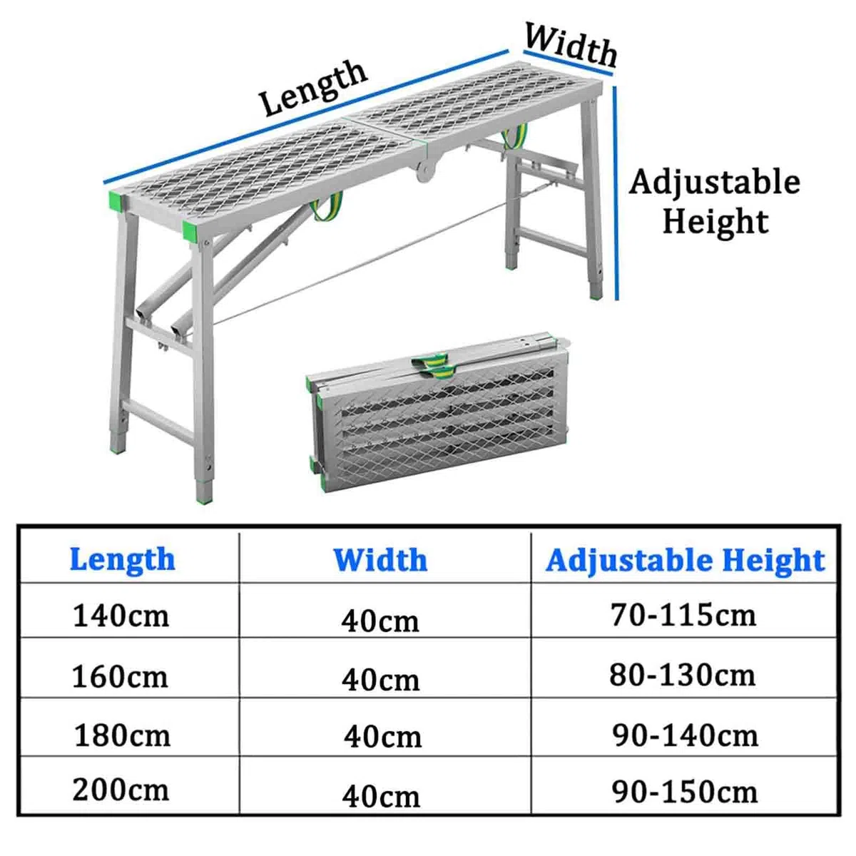 Adjuble Échafaudage pliable portable – Capacité de 400 kg, échelle multifonction de 40 cm de large et plate-forme de travail pour un usage domestique et professionnel – 180 x 40 cm