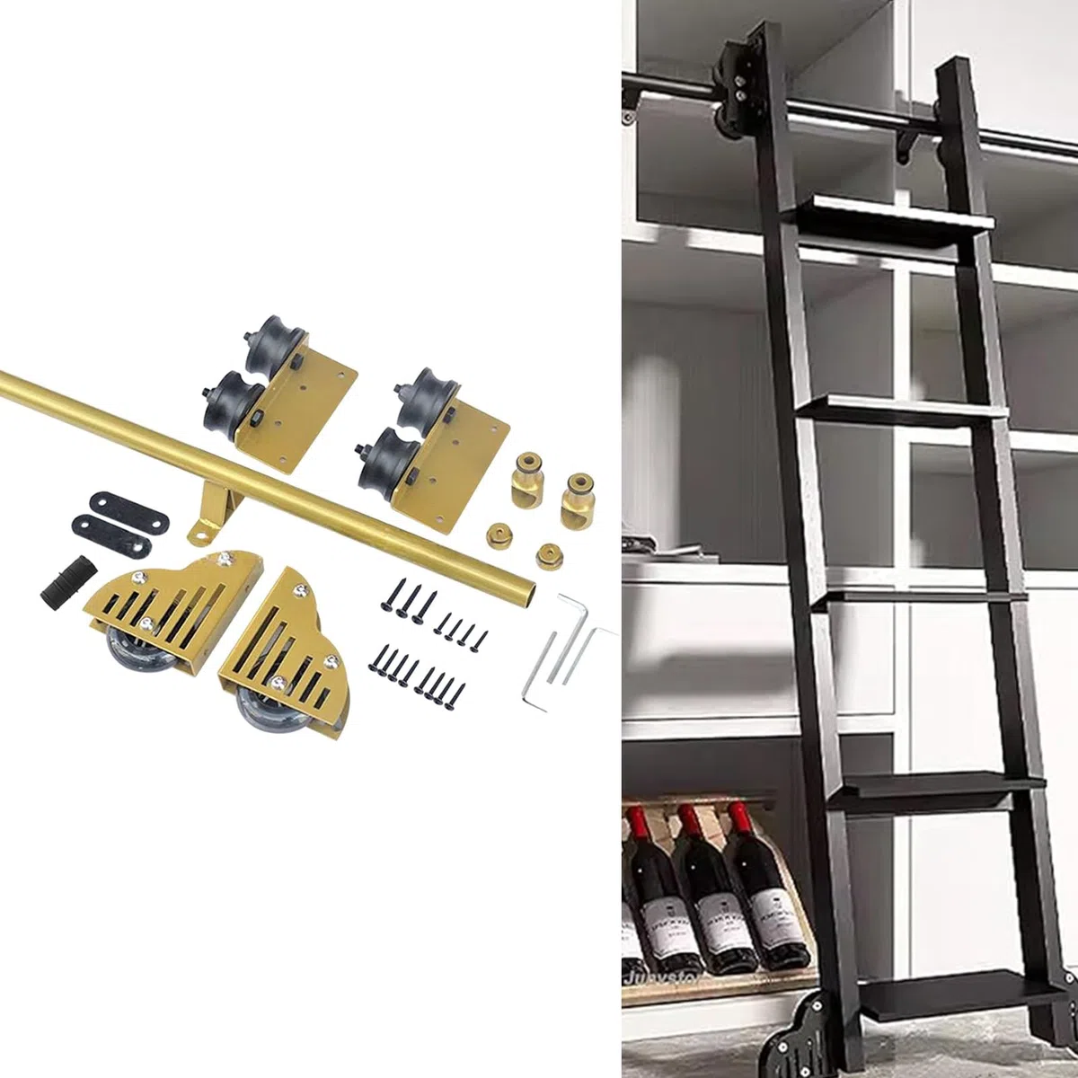 Kit de quincaillerie pour échelle coulissante Robuste – Rail Roulant avec Roues de freinage au Sol pour la Maison, Le loft, la bibliothèque, l'entrepôt