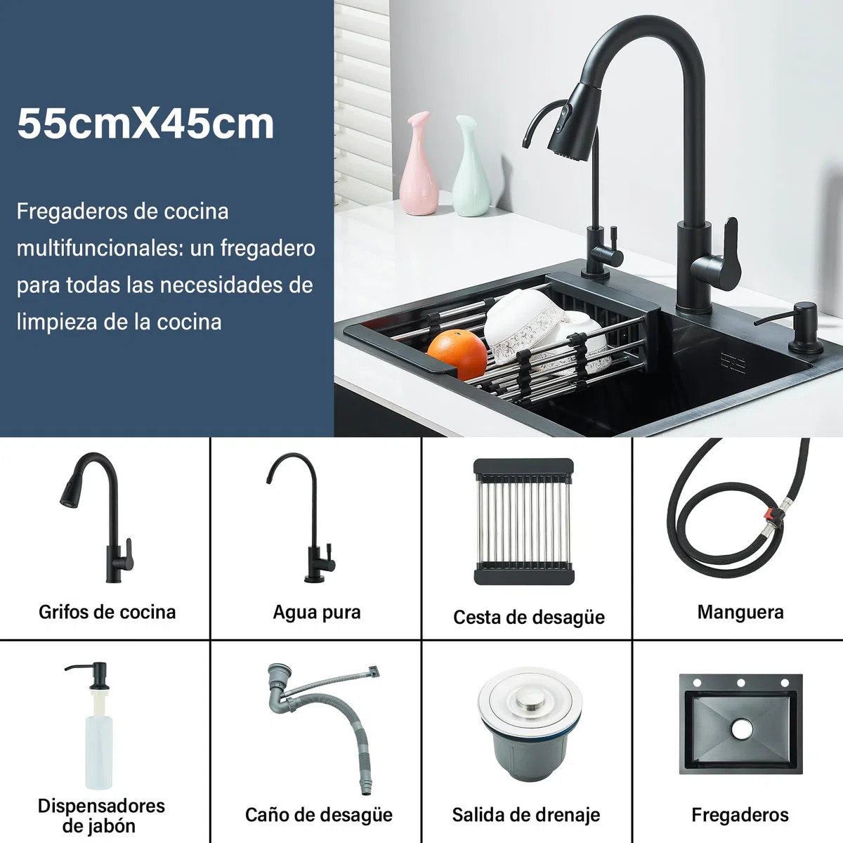 Évier de cuisine Evier Inox avec Egouttoir Noir
