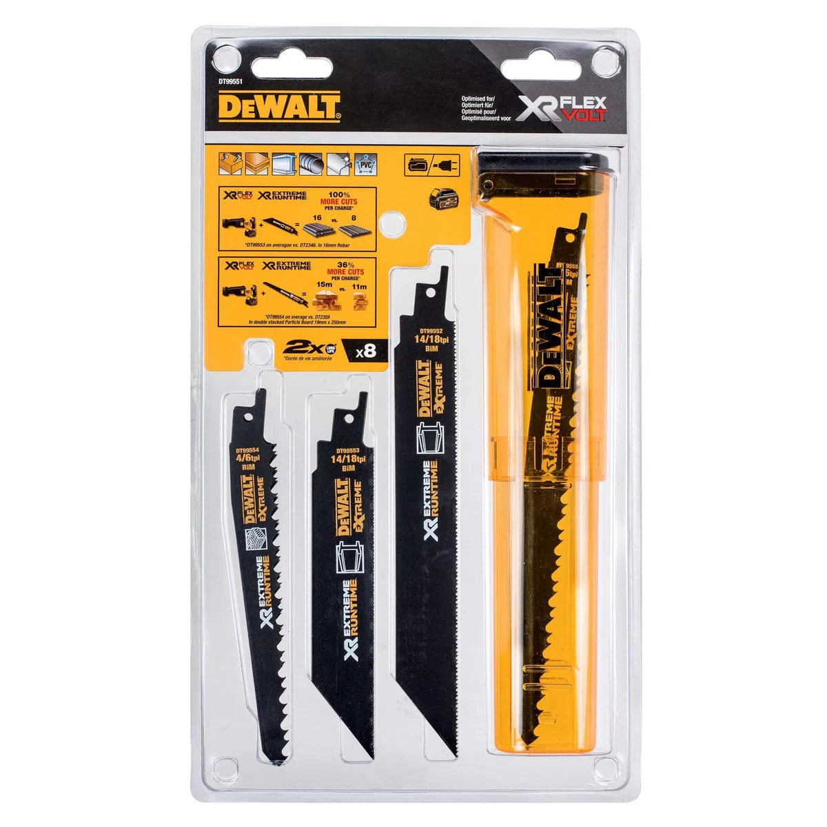 DEWALT DWE305PK-QS Scie sabre filaire - 1100W - Spéciale applications difficiles & Coffret de 8 Lames de Scie Sabre XR Runtime pour la Coupe du Bois et du Métal 152-230mm DT99551-QZ