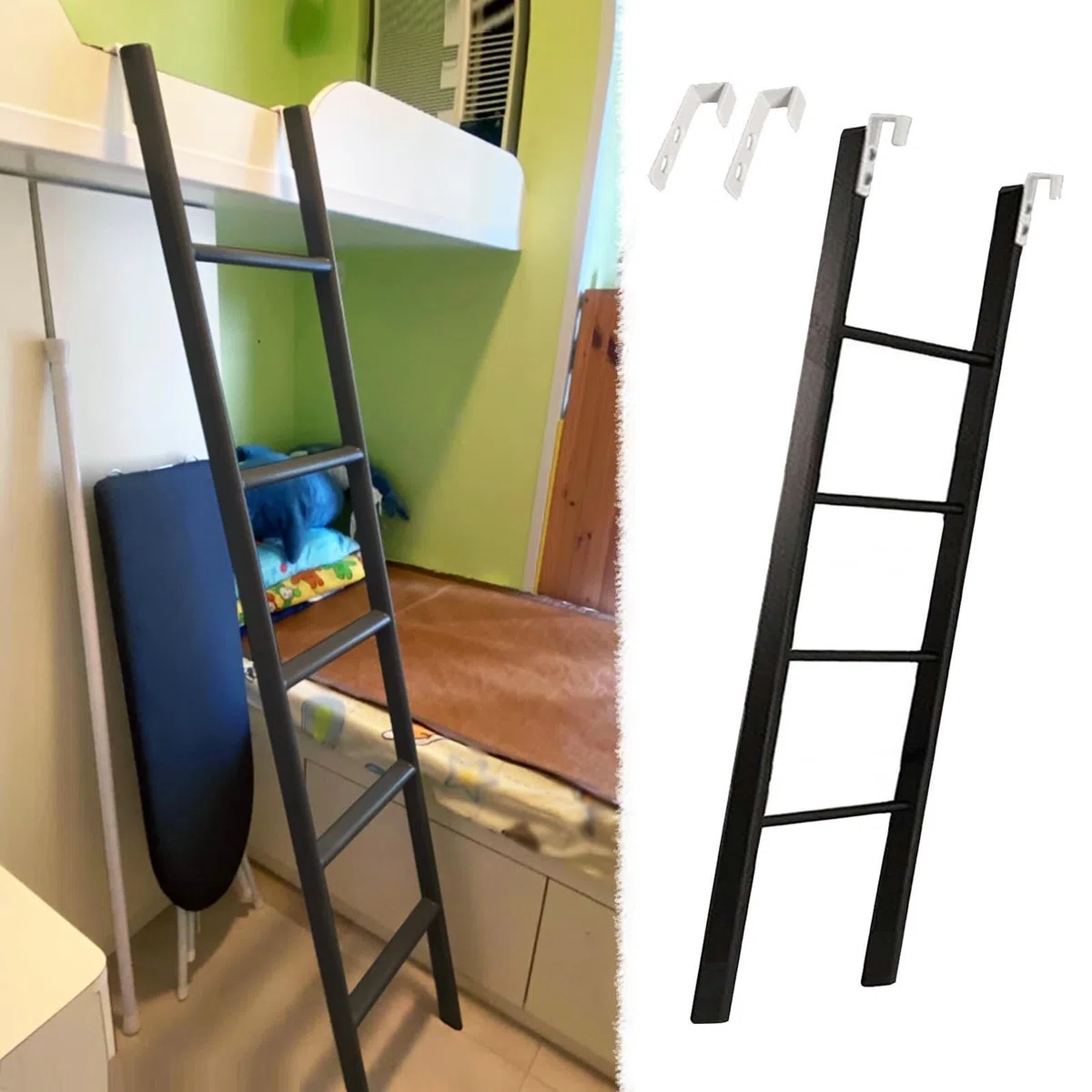 Échelle en métal noir : design large et peu encombrant, hauteur réglable de 114 à 180 cm, idéale pour une chambre à coucher et une utilisation à la maison, maximum de sécurité et de sécurité
