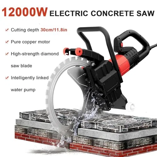 Scie à béton électrique de 16 Pouces 9500W/12000W Scie à béton avec 2 Lames et système sans poussière Humide - Puissant coupeur de béton de 11,8" de Profondeur de Coupe pour Pierre et Brique 12000W