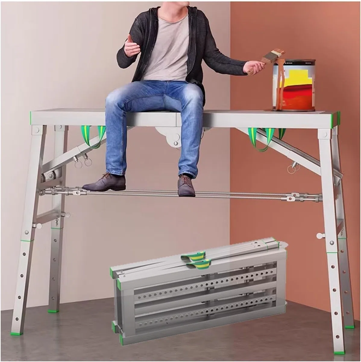 Échafaudage pliable multifonction 400 kg et échelle de 180 cm en acier au carbone pour usage domestique et professionnel