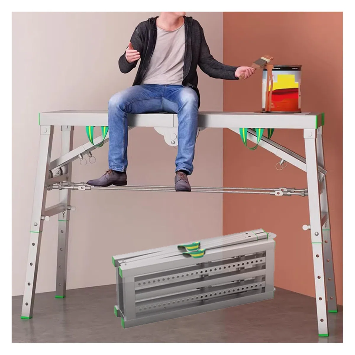 Adjuble Échafaudage pliable portable – Capacité de 400 kg, échelle multifonction de 40 cm de large et plate-forme de travail pour un usage domestique et professionnel – 180 x 40 cm