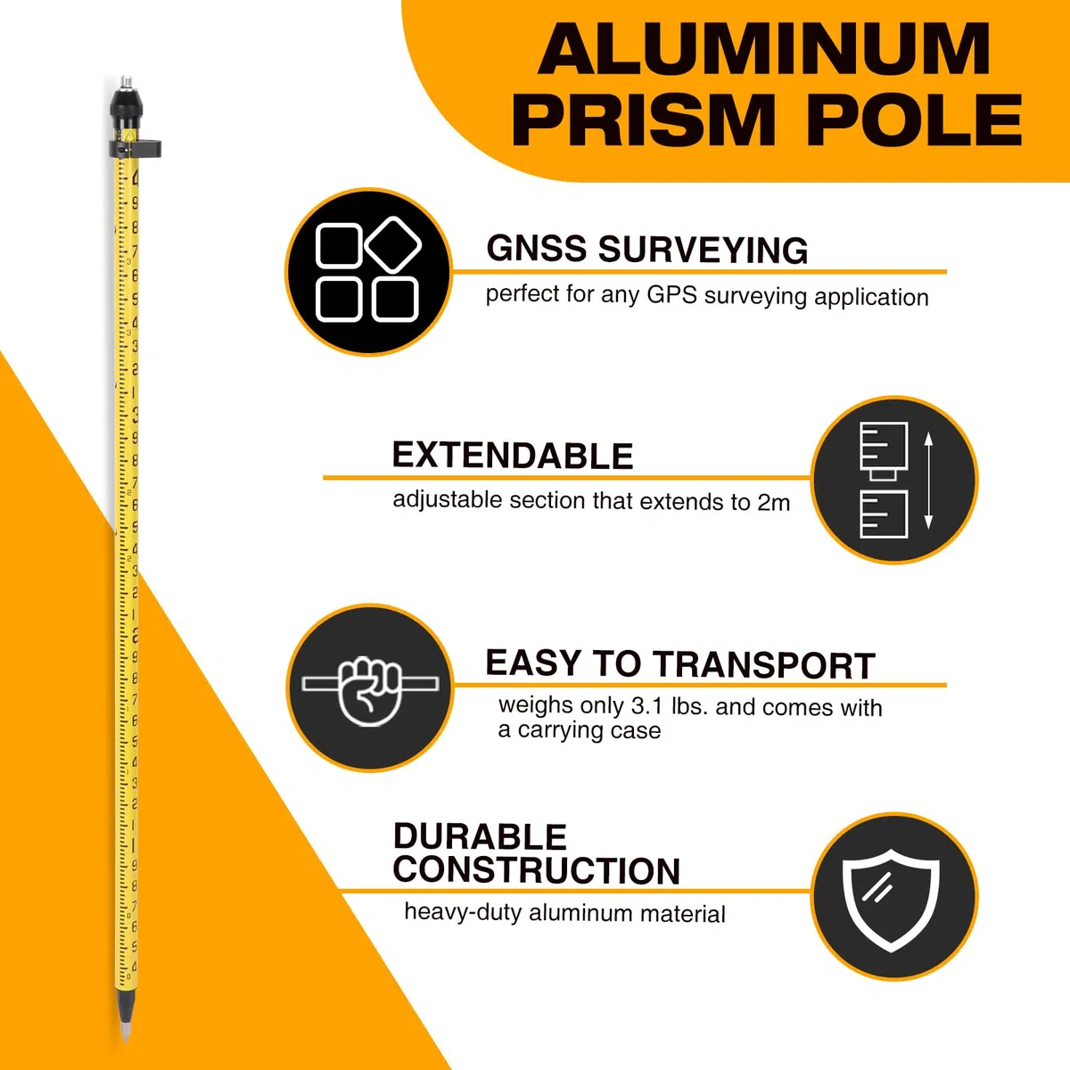 MOETER Bâton GPS en aluminium avec verrouillage à pression – Canne à pêche télescopique de 2 m avec adaptateur de 1,6 cm, niveau à bulle de 20 minutes et sac de transport pour l'arpentage et